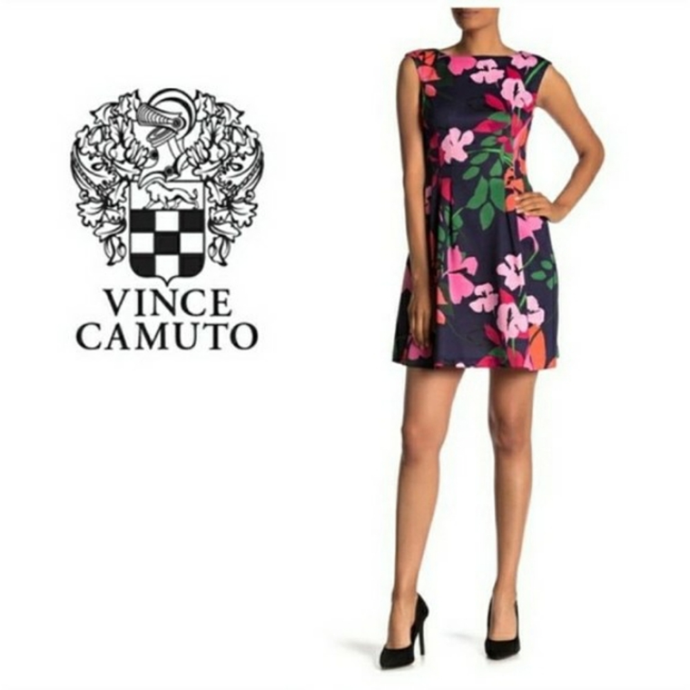 Vince Camuto 6 Floral Sleeveless Navy Blue Pink Fit & Flare Pockets Mini…